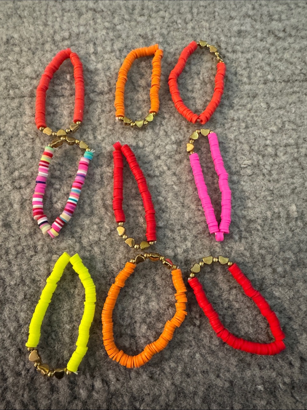 Kids Bright Beaded Heart Stretch Bracelet -  Red, Orange, Pink, neon Yellow